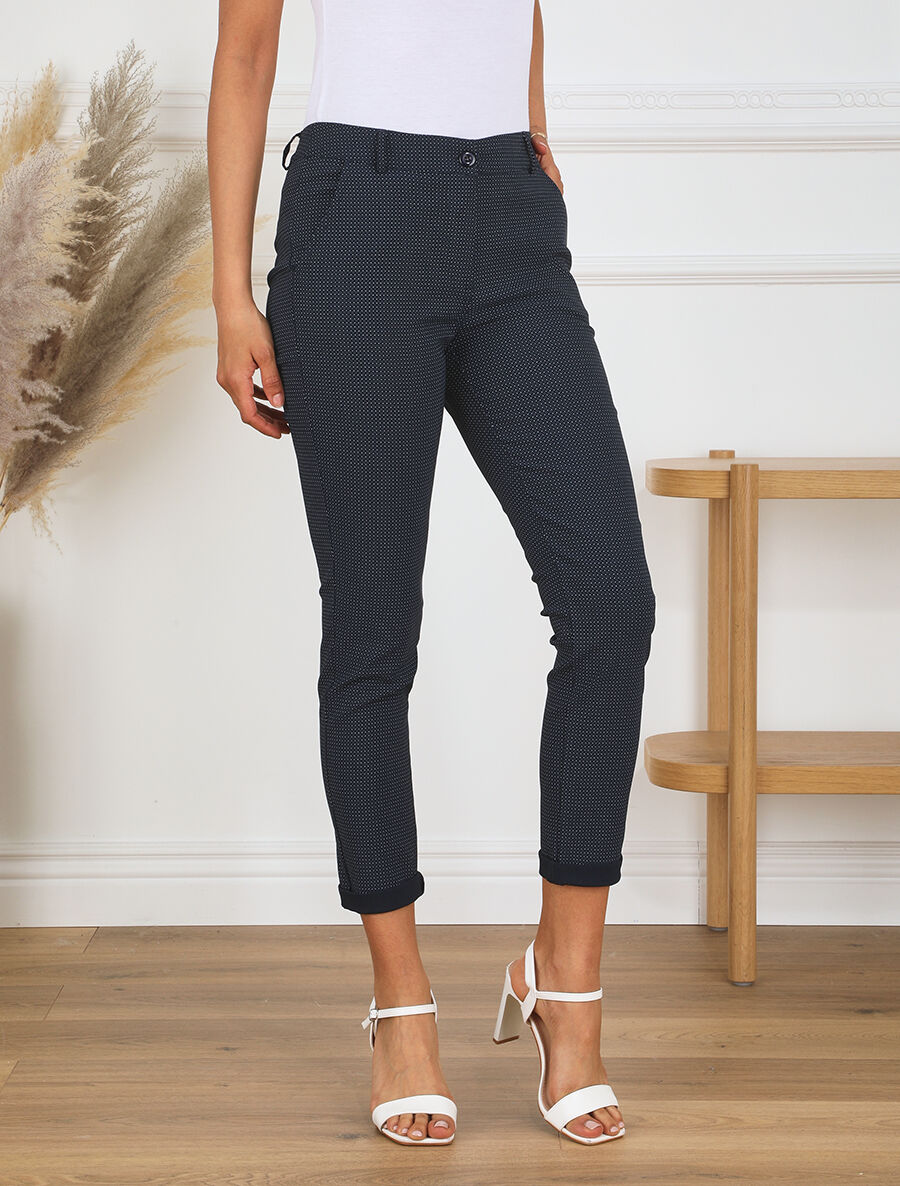 Pantalon droit taille haute imprimé petits points - Marine - 4