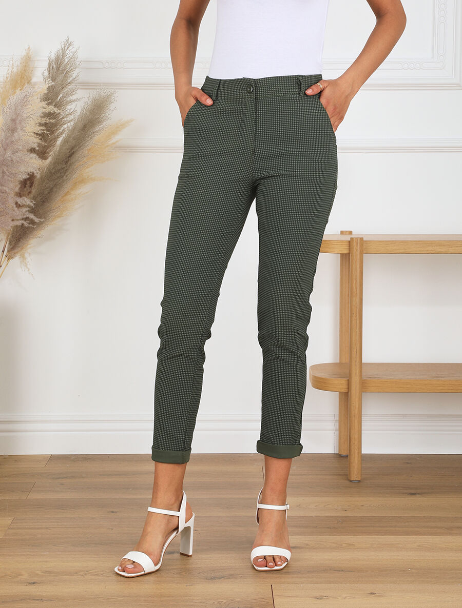 Pantalon droit taille haute imprimé petits points - Kaki - 4