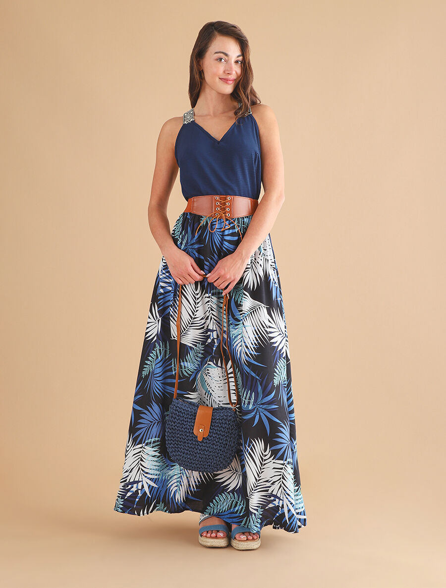 Jupe longue évasée imprimé tropical - Noir - 4