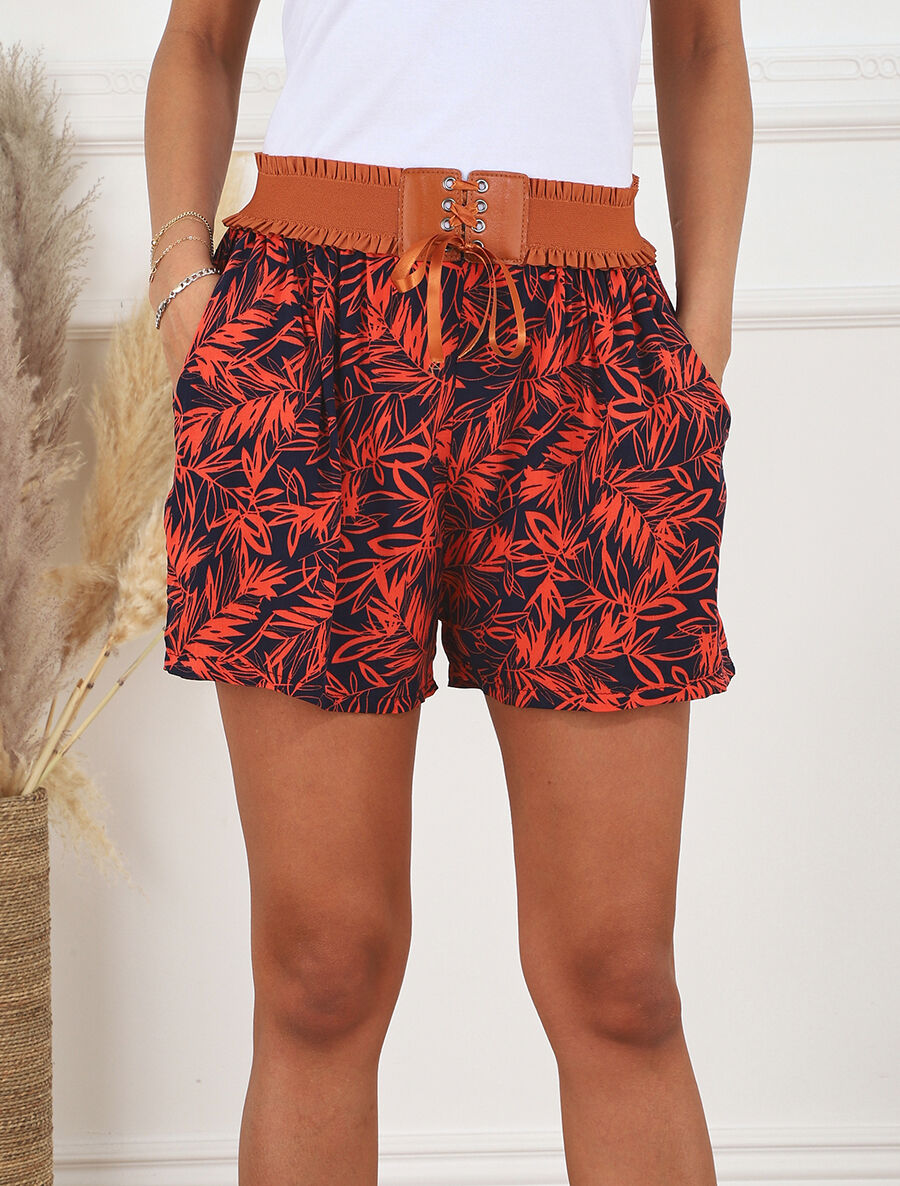 Short à taille haute style corset imprimé tropical - Rouge - 4