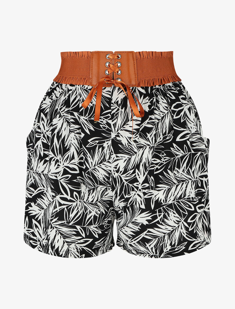 Short à taille haute style corset imprimé tropical - Noir - 1