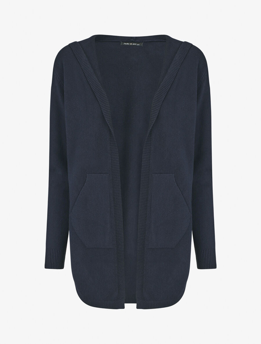 Gilet mi-long à capuche et boutons décoratifs - Marine - 1