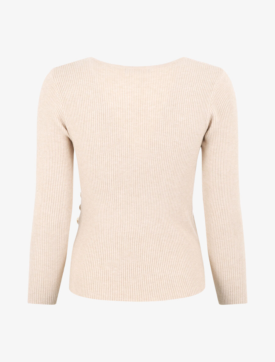 Pull côtelé col cache-coeur et boutons - Beige - 2