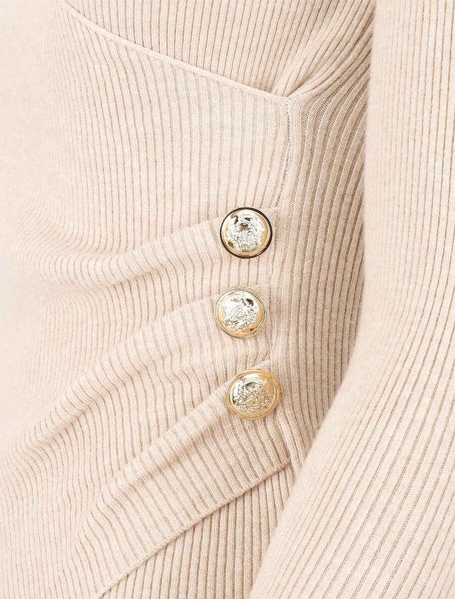 Pull côtelé col cache-coeur et boutons - Beige - 3
