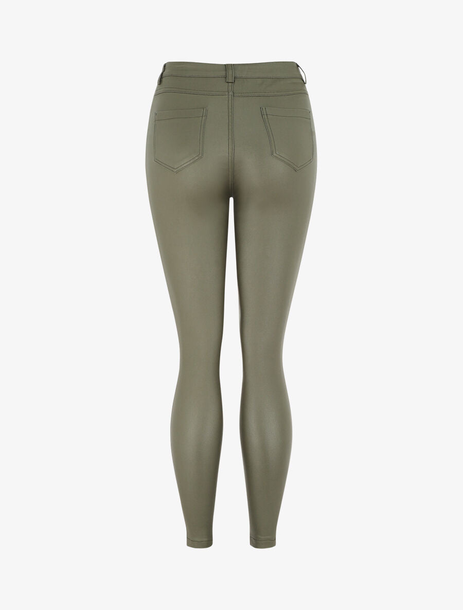Pantalon taille haute en simili - Kaki - 2