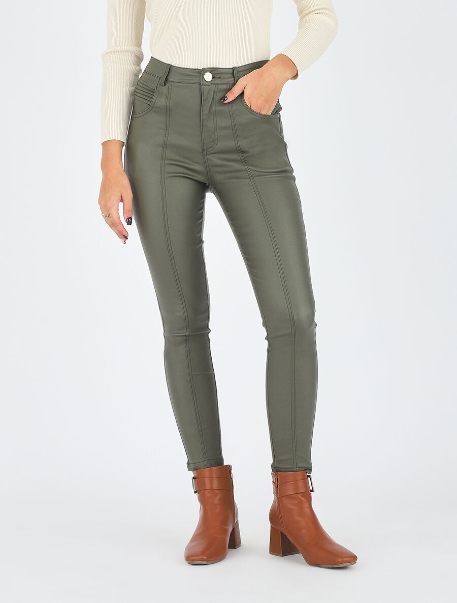 Pantalon taille haute en simili - Kaki - 4