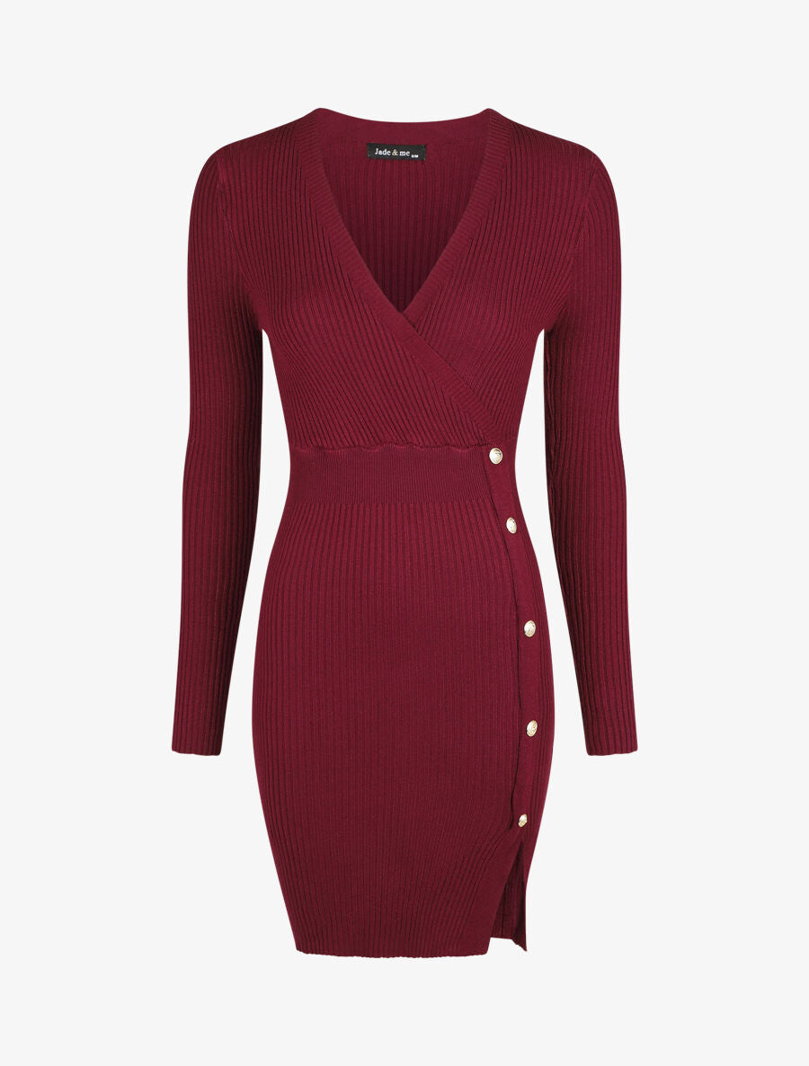 Robe côtelée moulante col cache-coeur - Bordeaux - 4