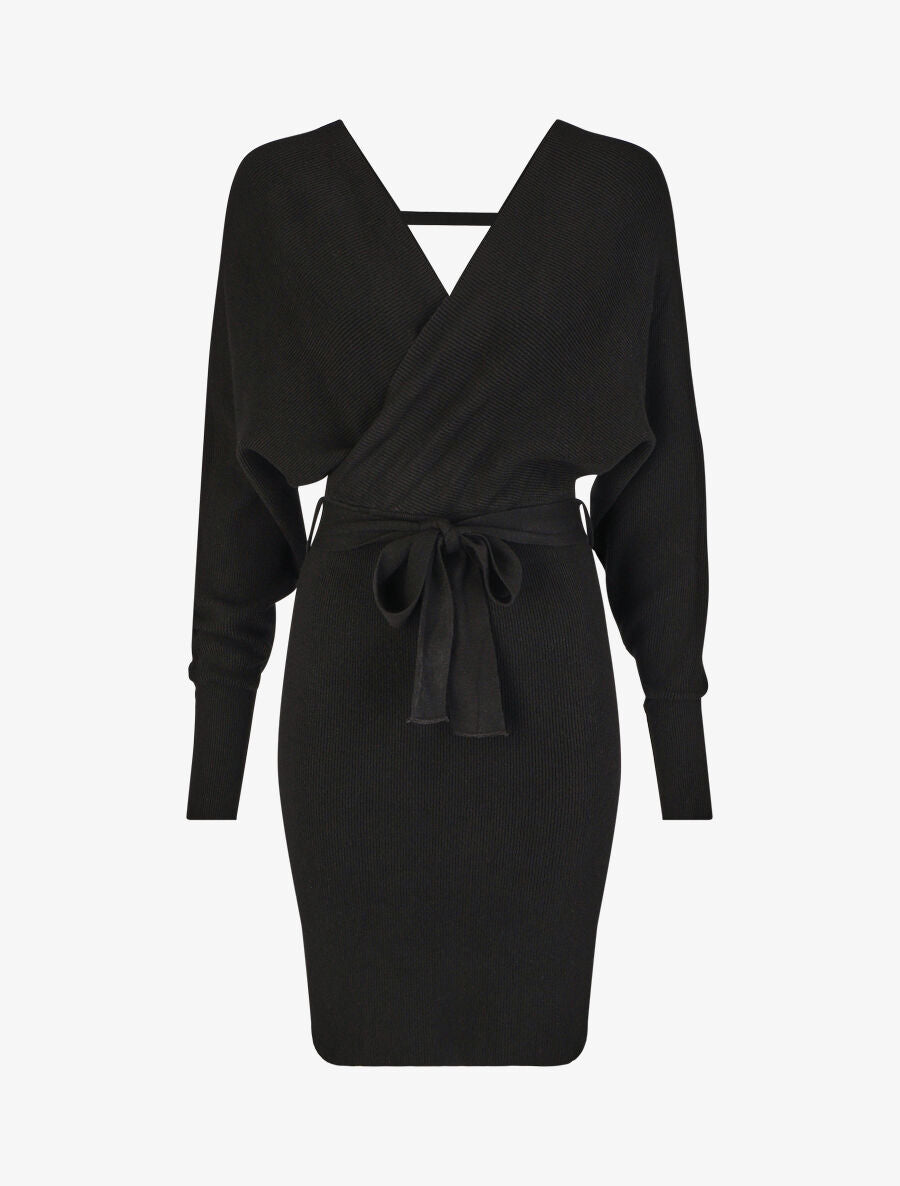 Robe mi-longue en maille à manches longues - Noir - 1