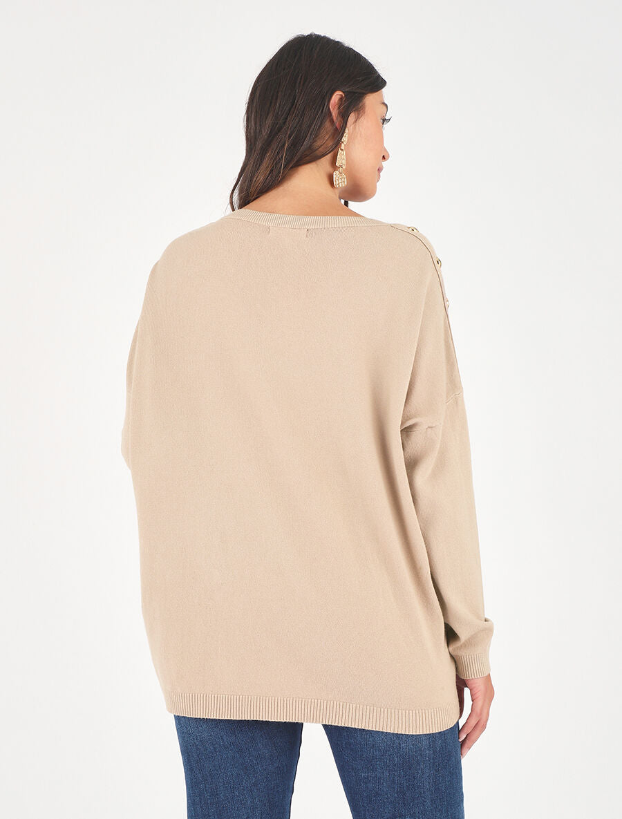 Pull fin à col rond et boutons décoratifs - Beige - 2