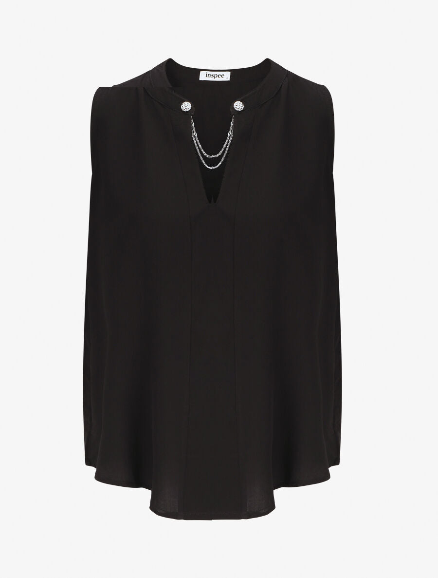 Top uni sans manches à détail stylisé - Noir - 1