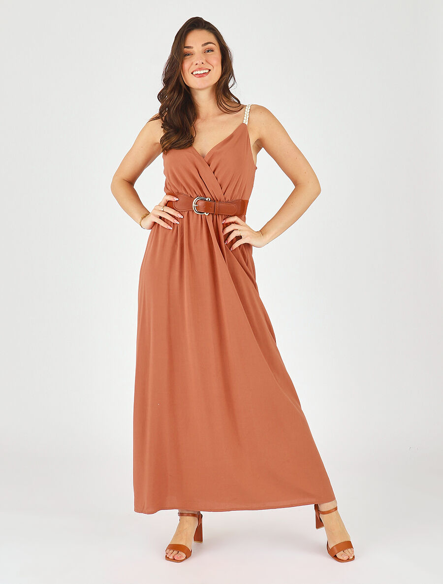 Robe longue unie à bretelles fantaisies - Rouille - 1