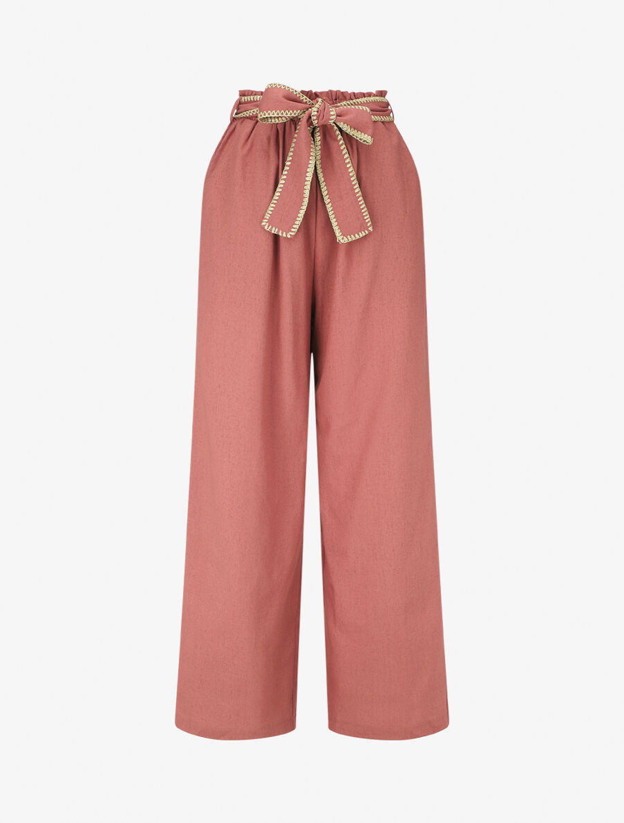 Pantalon élastiqué effet lin à ceinture stylisé - Vieux rose - 1