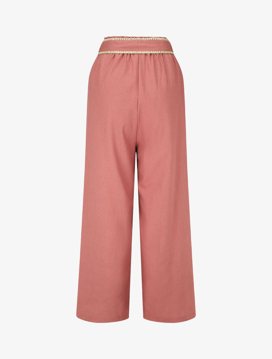 Pantalon élastiqué effet lin à ceinture stylisé - Vieux rose - 2