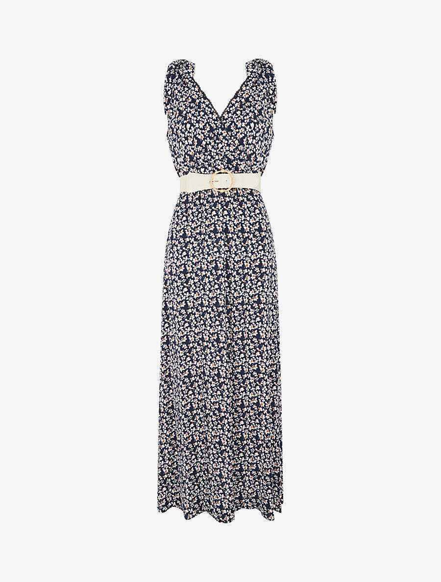 Robe imprimé fleuri à nœuds aux épaules - Marine - 1