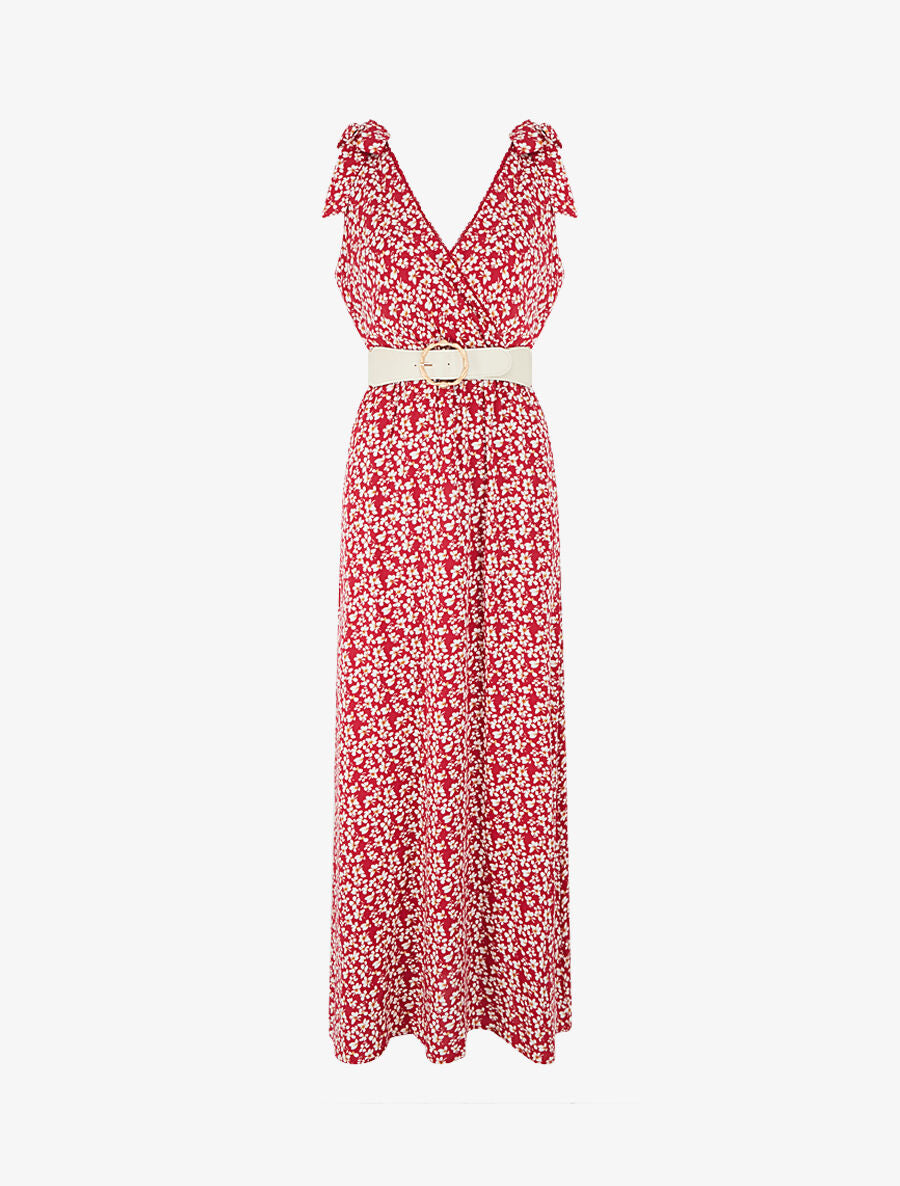 Robe imprimé fleuri à nœuds aux épaules - Rouge - 1