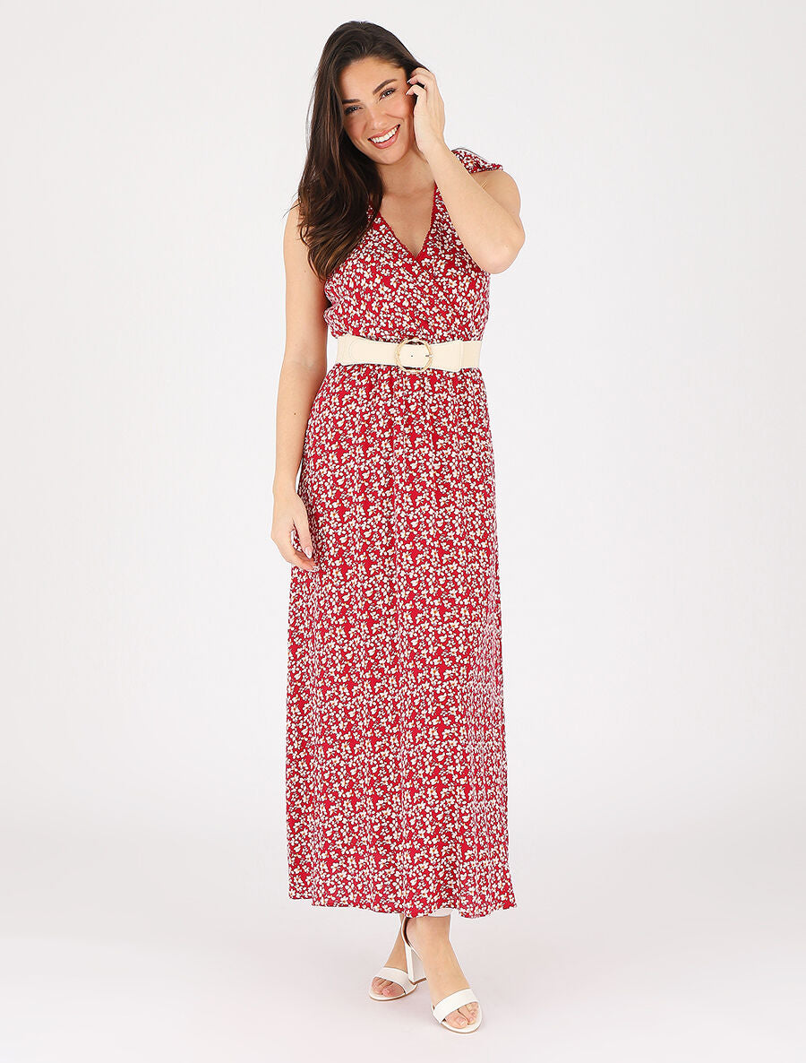 Robe imprimé fleuri à nœuds aux épaules - Rouge - 4