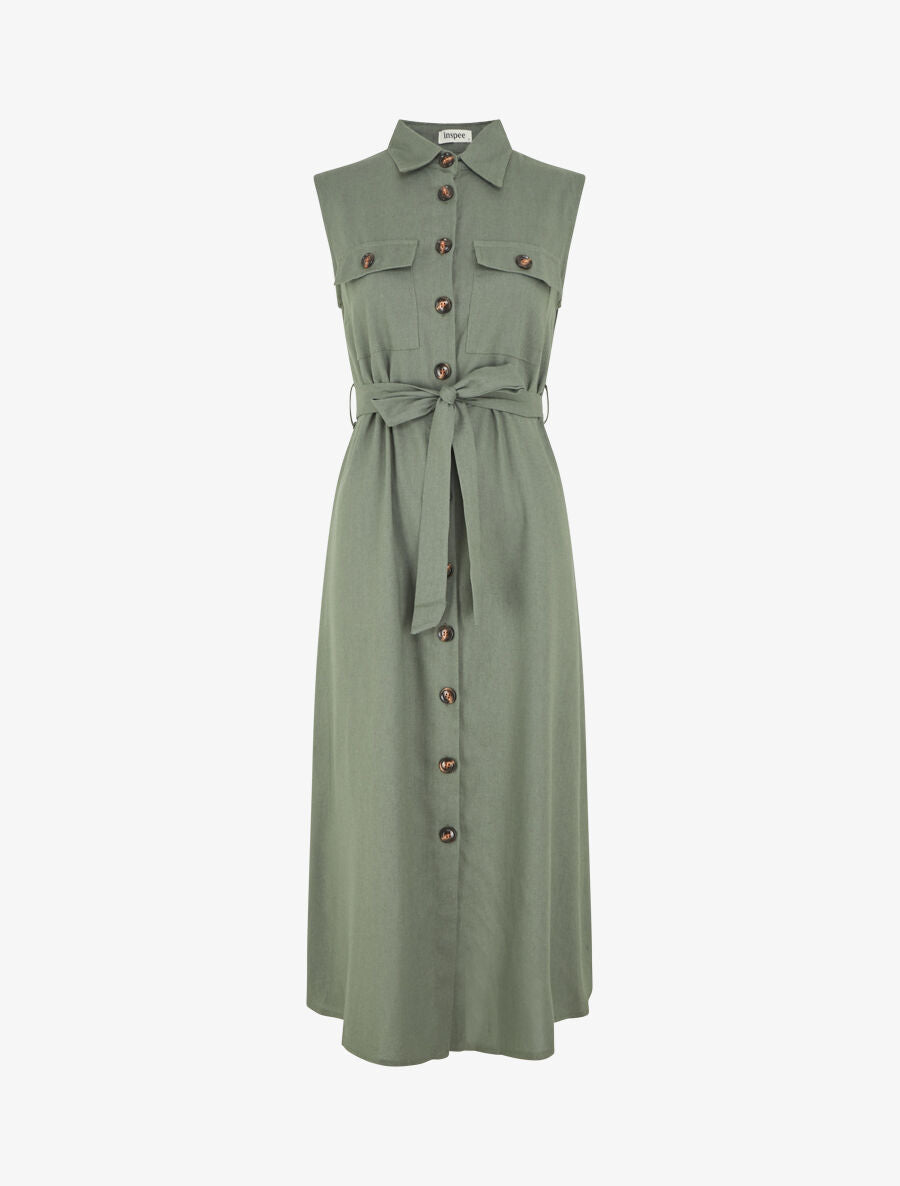 Robe évasée boutonnée à poches - Kaki - 5