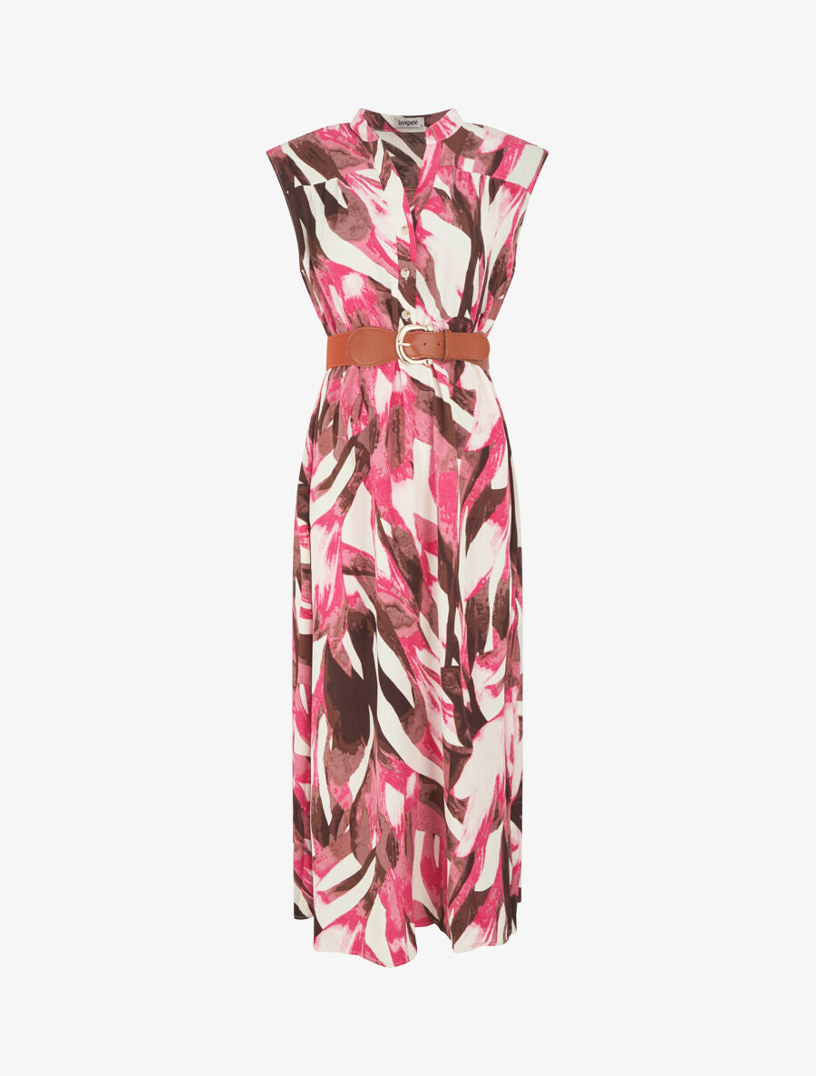Robe évasée à boutons imprimé abstrait - Fuschia - 1