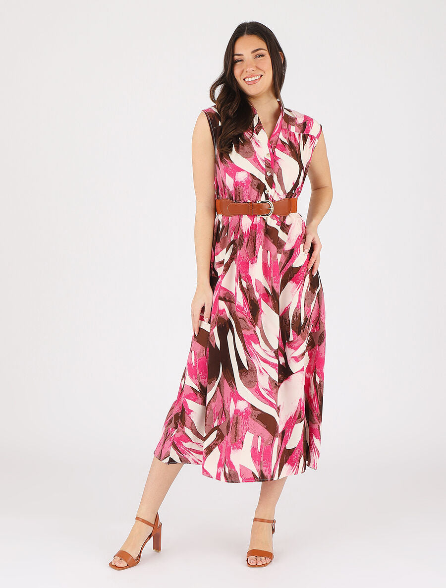 Robe évasée à boutons imprimé abstrait - Fuschia - 4