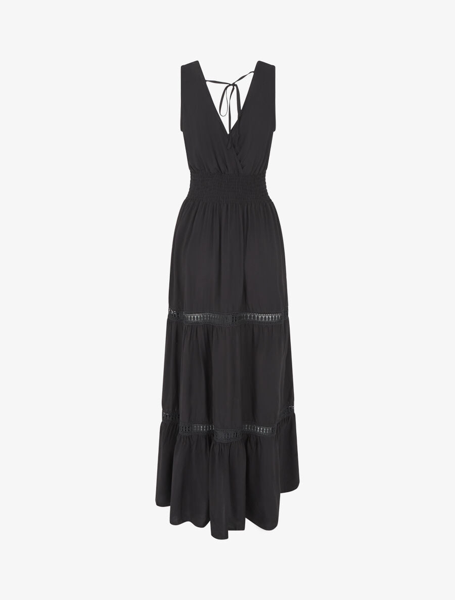 Robe longue élastiquée et liens à nouer - Noir - 2