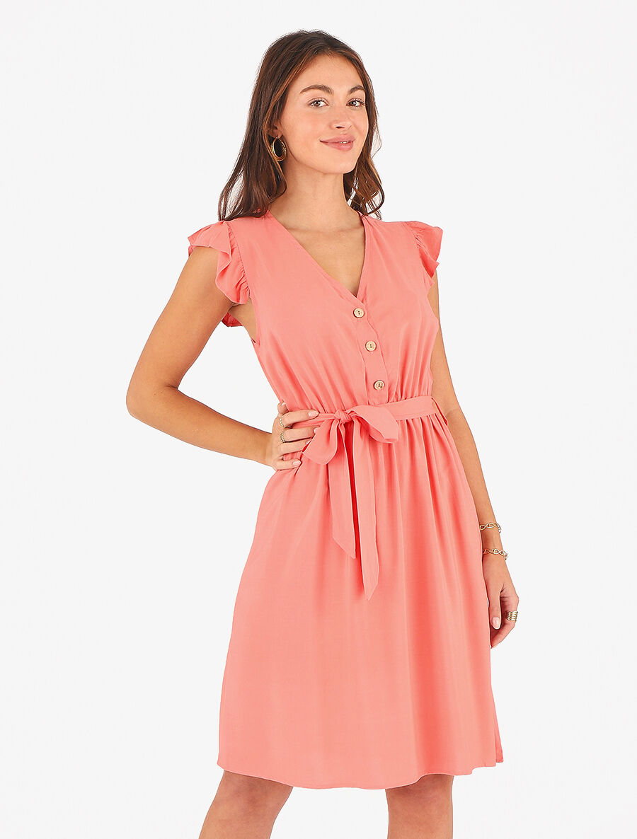 Robe mi-longue unie - Corail - 4