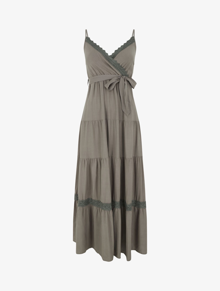 Robe longue unie élastiquée - Kaki - 1