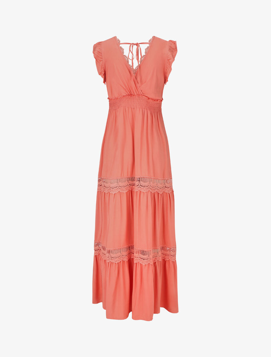 Robe longue unie ajourée - Corail - 2