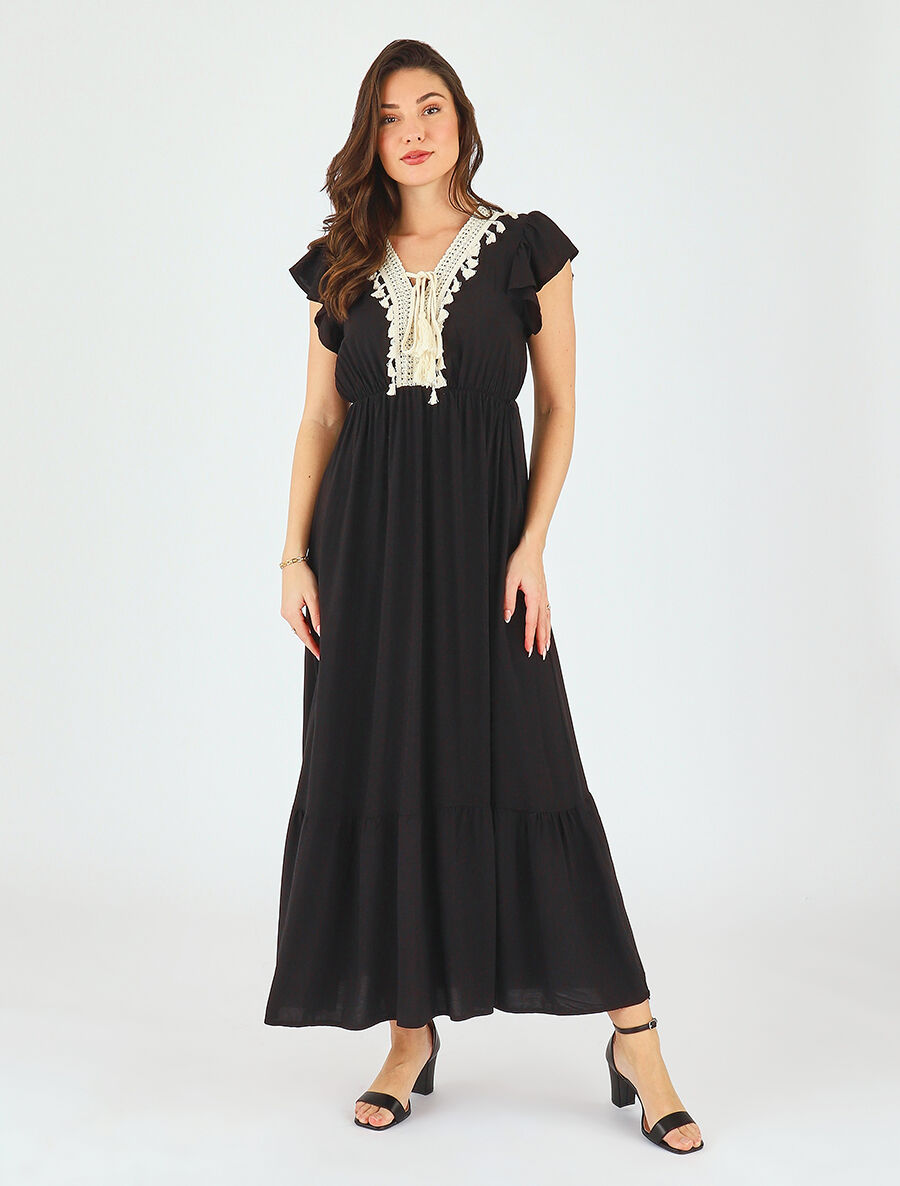 Robe longue évasée unie - Noir - 4