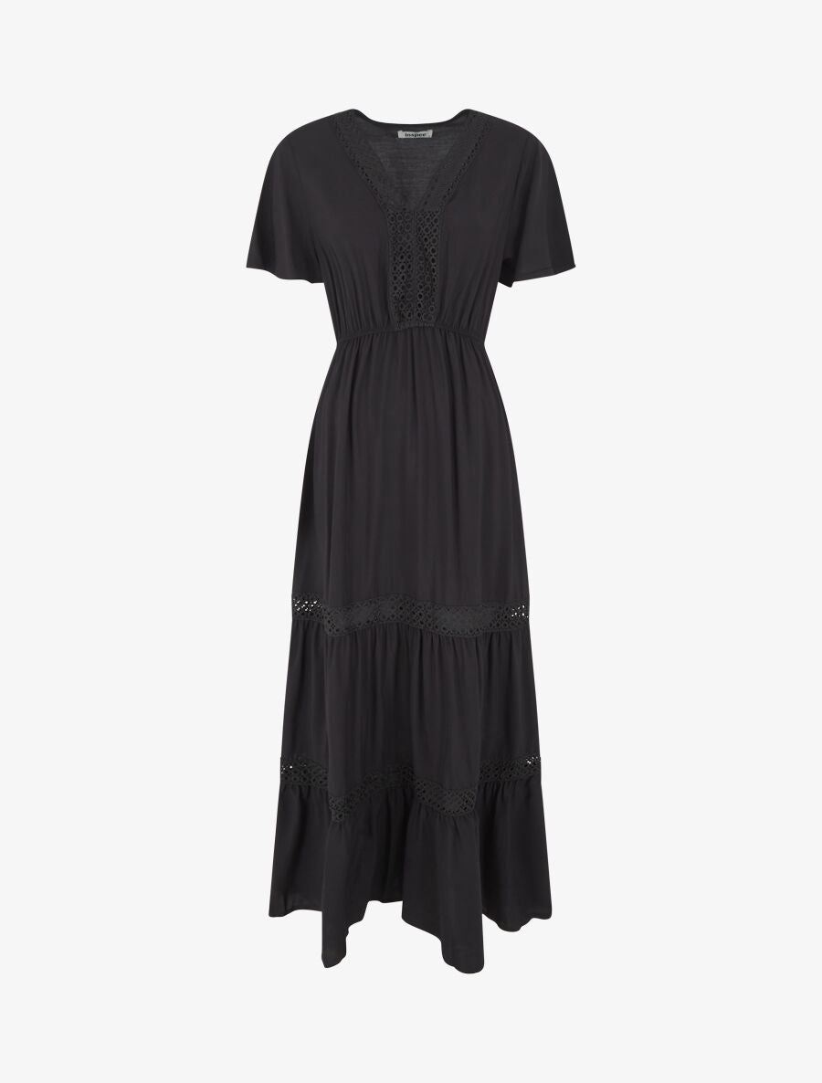 Robe longue évasée à empiècements en dentelle ajourée - Noir - 4