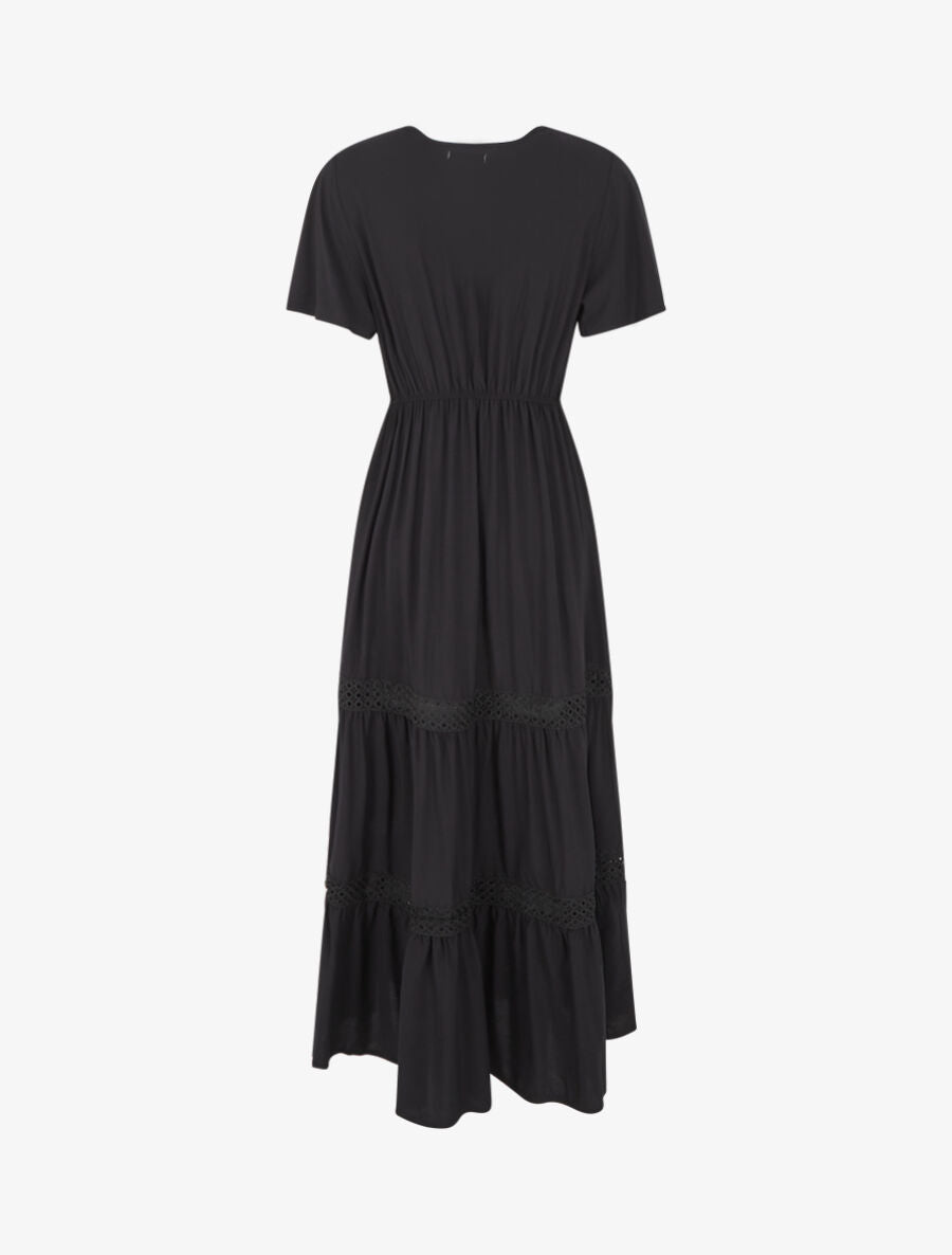 Robe longue évasée à empiècements en dentelle ajourée - Noir - 2