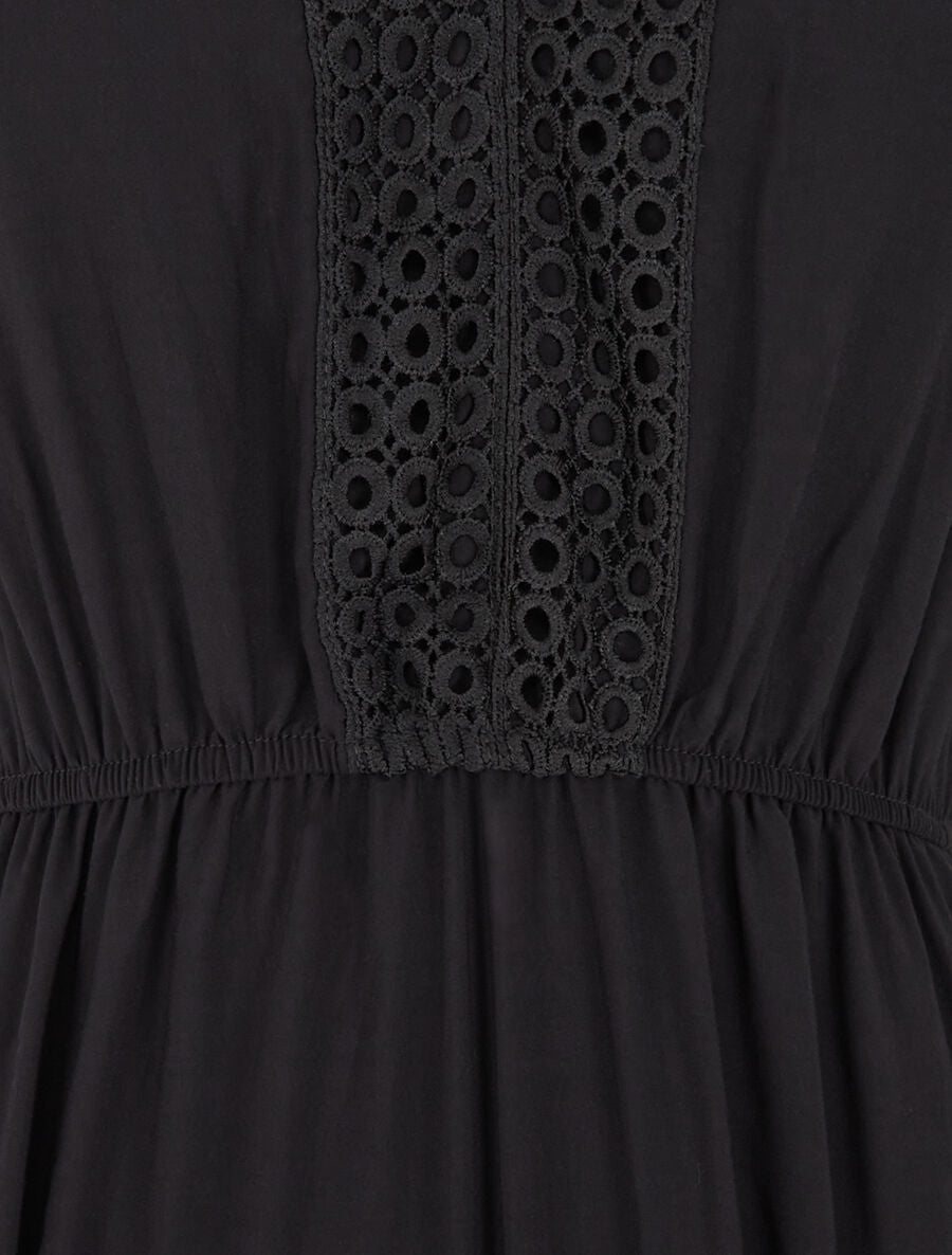 Robe longue évasée à empiècements en dentelle ajourée - Noir - 3