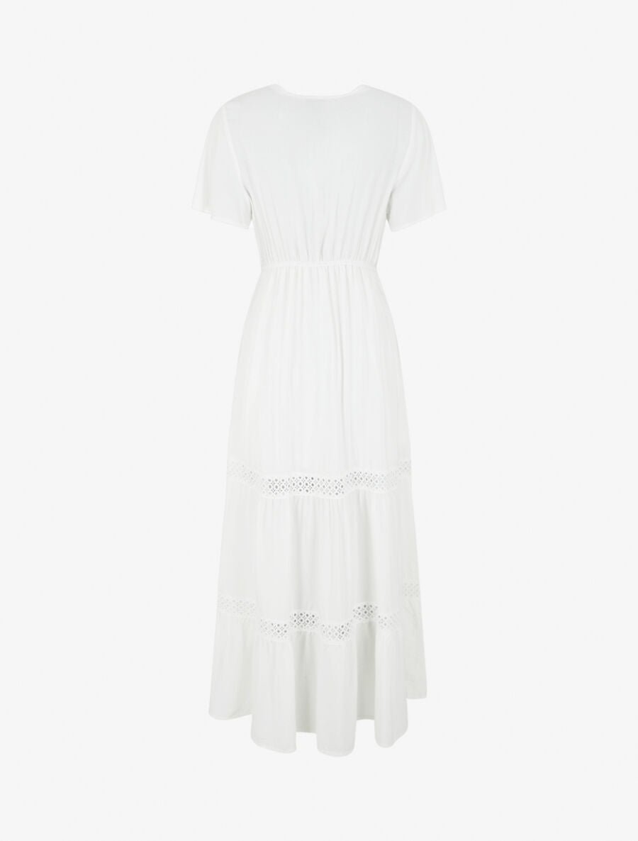 Robe longue évasée à empiècements en dentelle ajourée - Blanc - 2