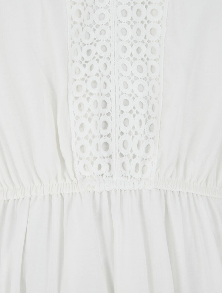 Robe longue évasée à empiècements en dentelle ajourée - Blanc - 3