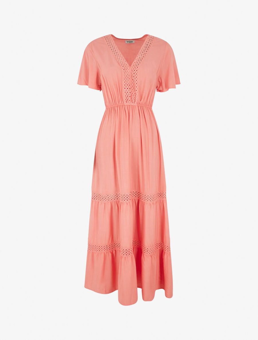 Robe longue évasée à empiècements en dentelle ajourée - Corail - 1