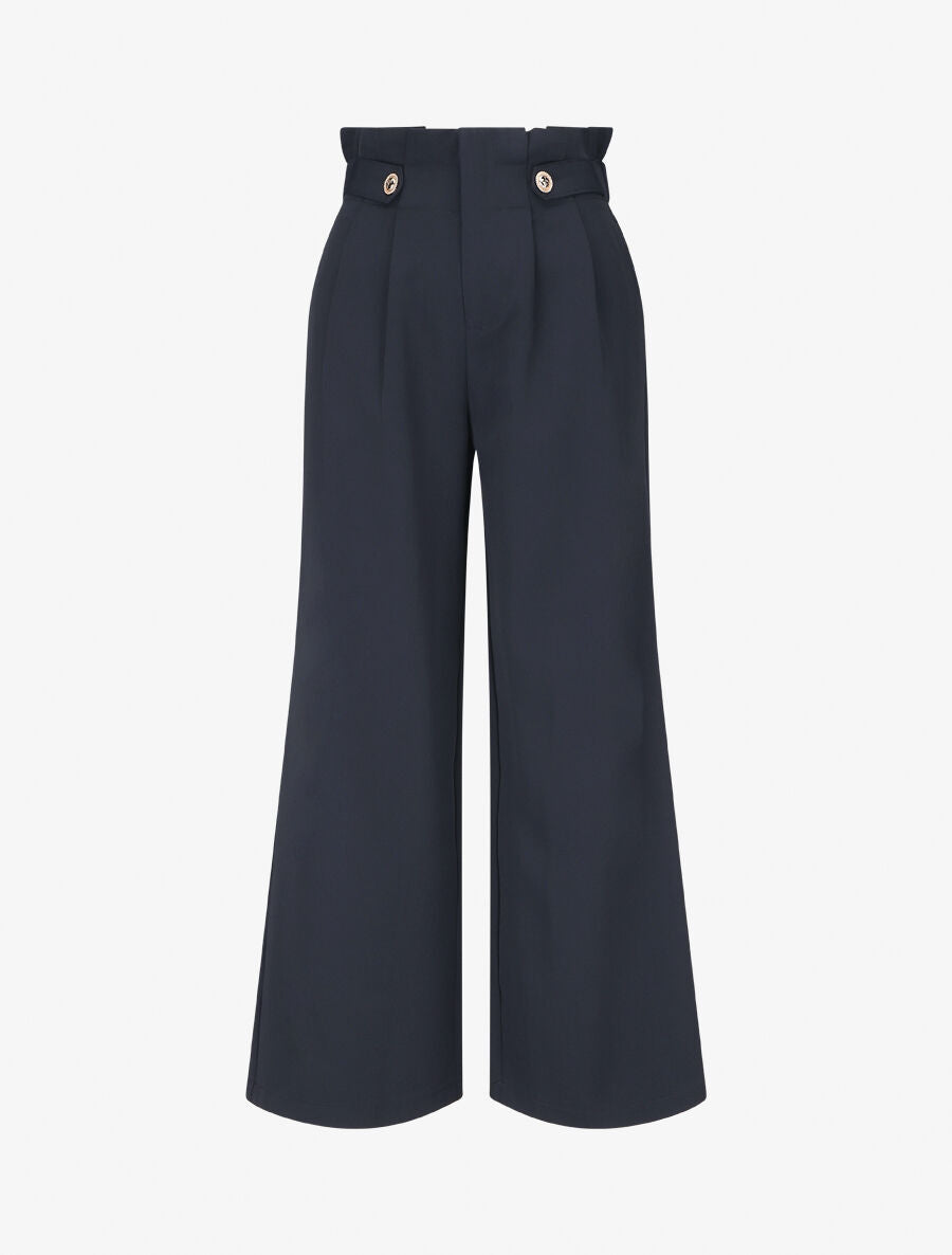 Pantalon ample uni à taille haute - Marine - 1