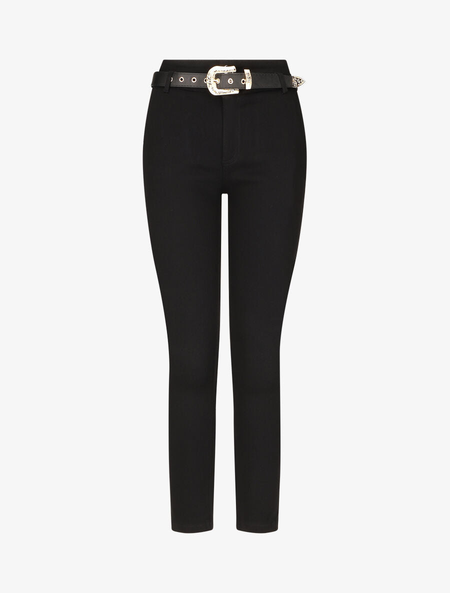 Pantalon coupe skinny à 2 boutons et ceinture - Noir - 1