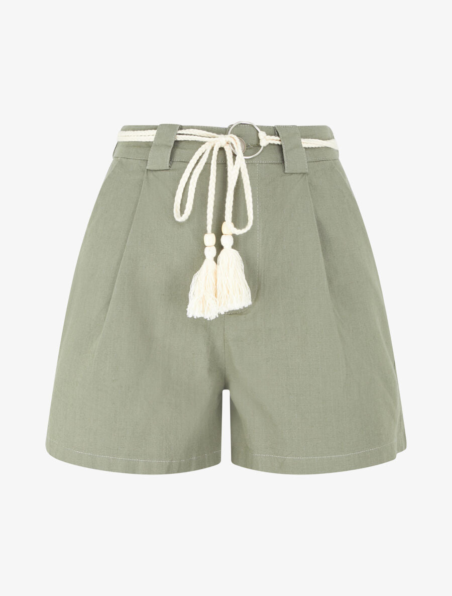 Short élastiqué effet lin - Kaki - 1