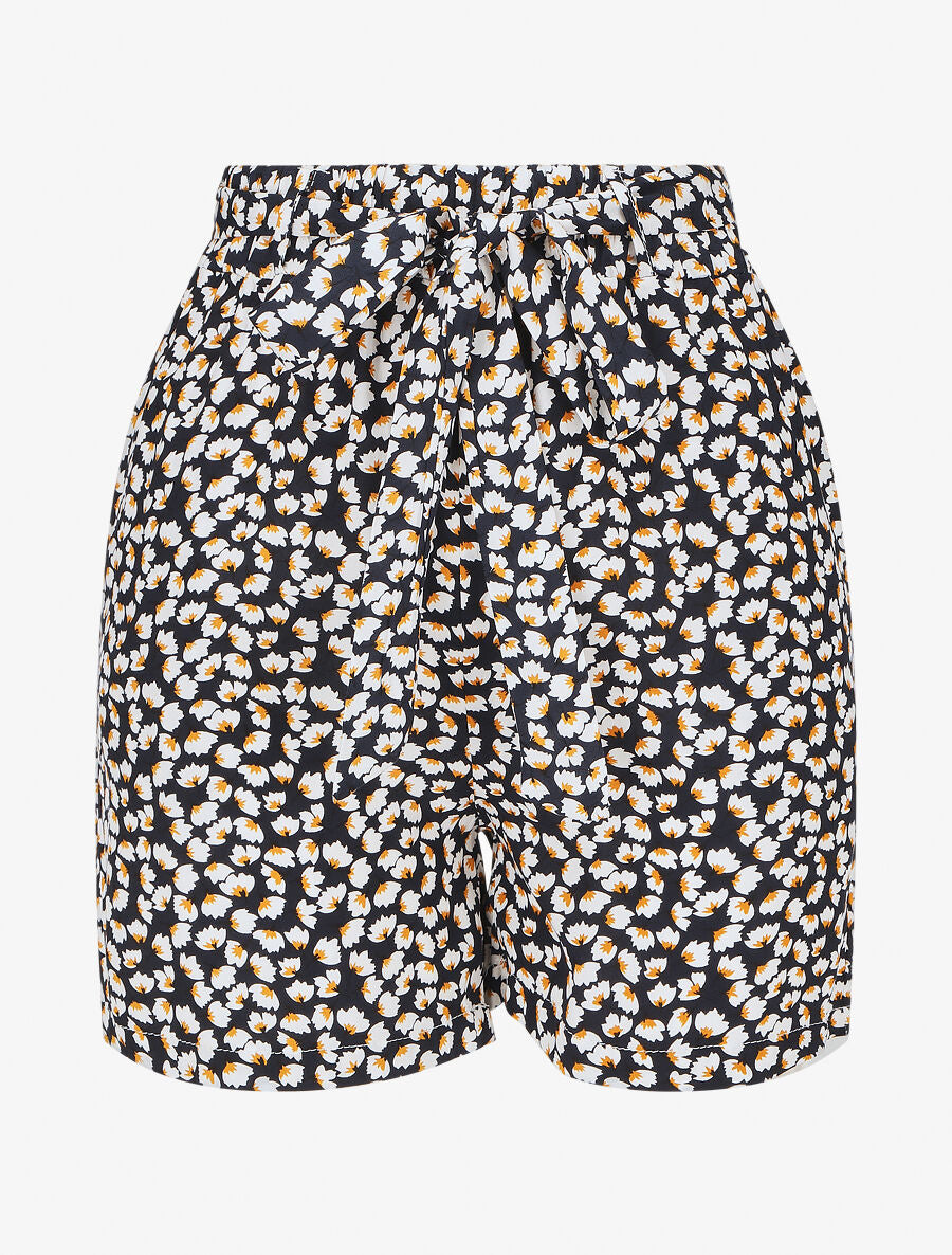 Short fluide imprimé petites fleurs et ceinturé - Bleu nuit - 1