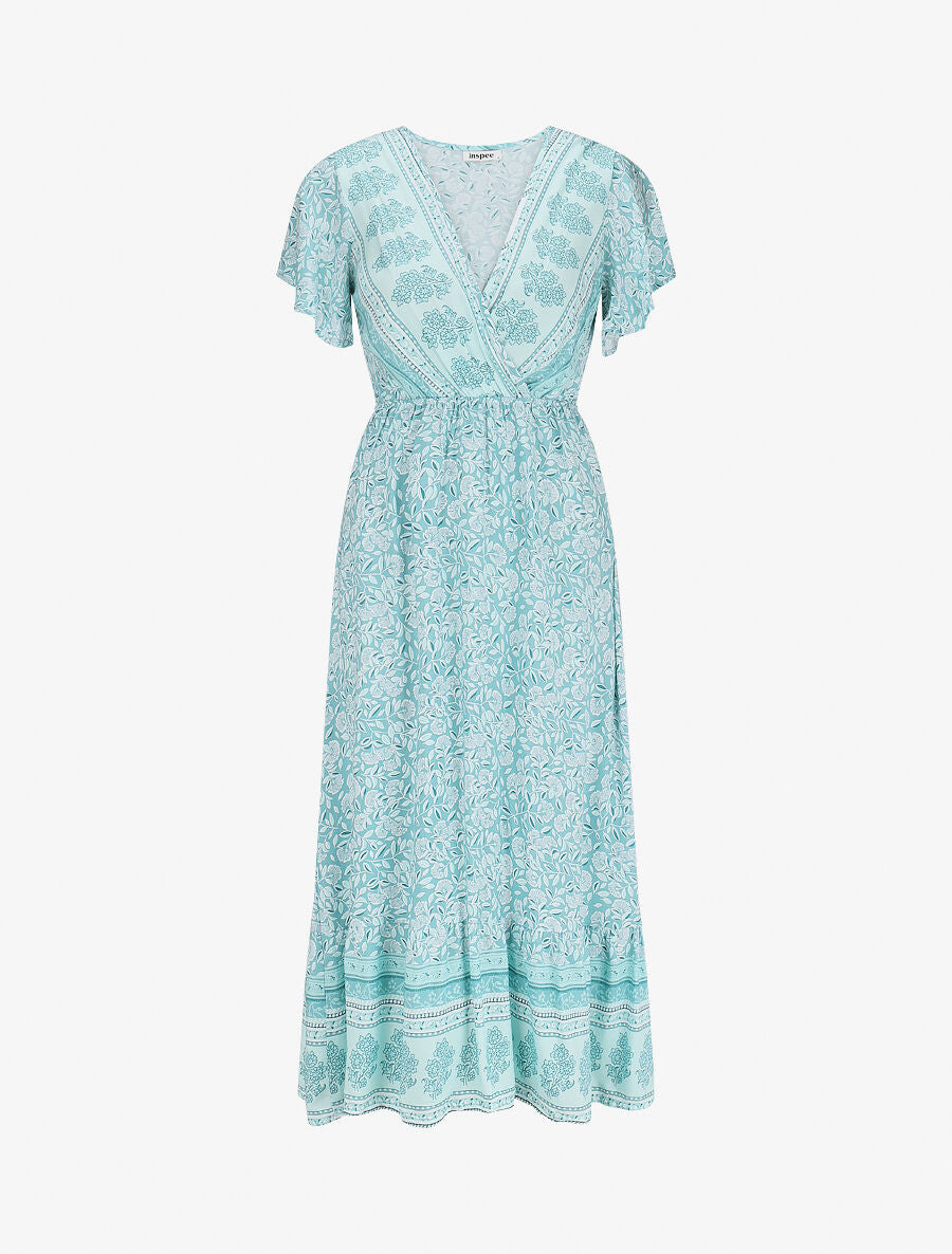 Robe longue à fleurs et manches courtes - Bleu clair - 4