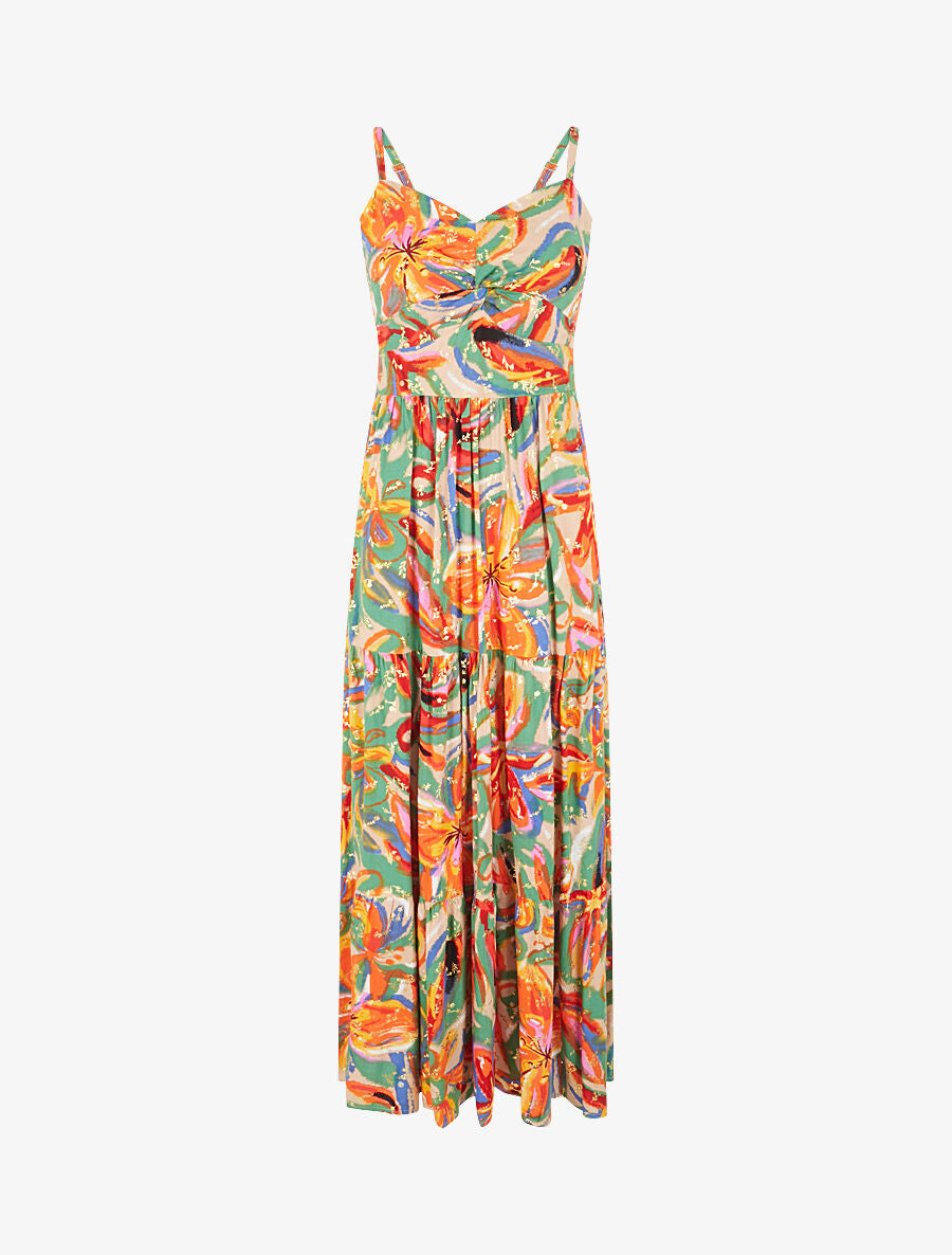 Robe longue fleurie évasée à fines bretelles - Beige/orange - 1