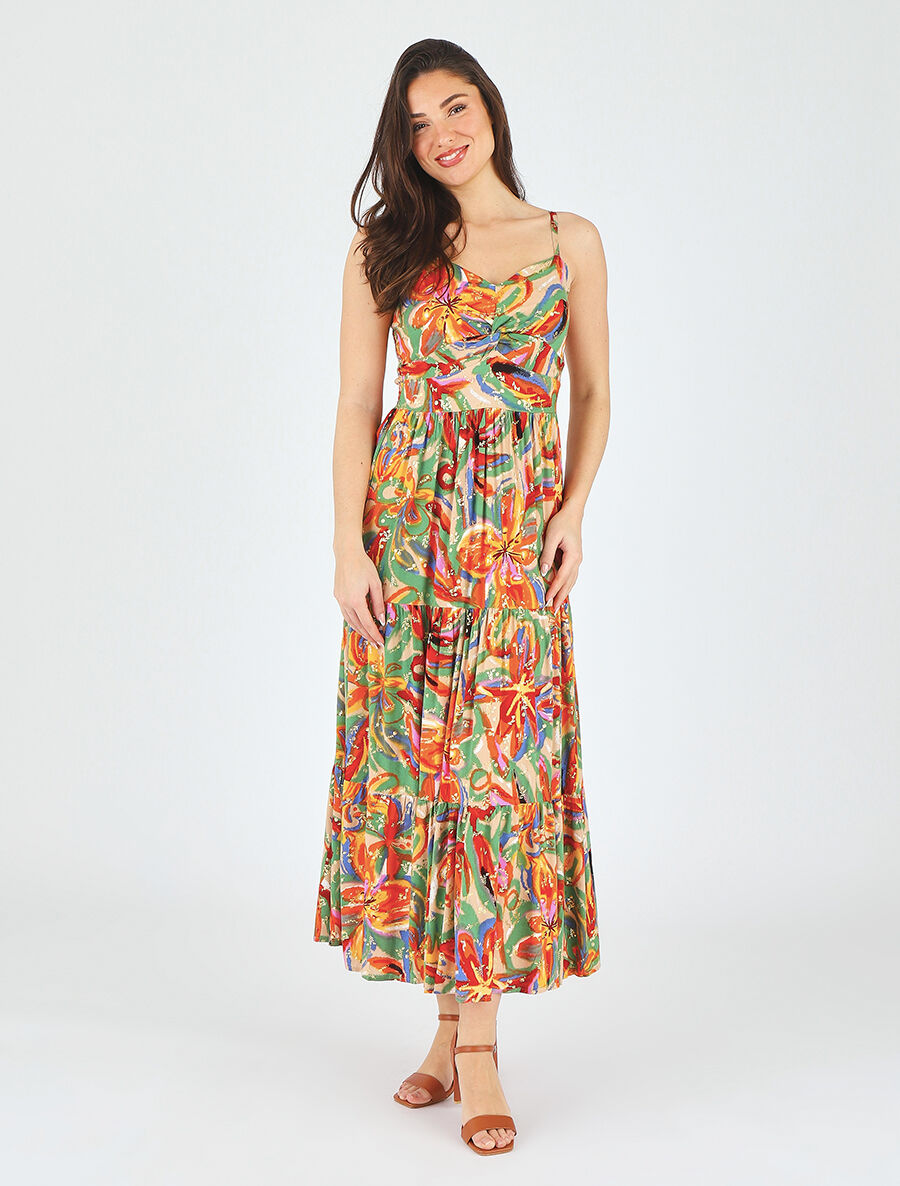 Robe longue fleurie évasée à fines bretelles - Beige/orange - 4