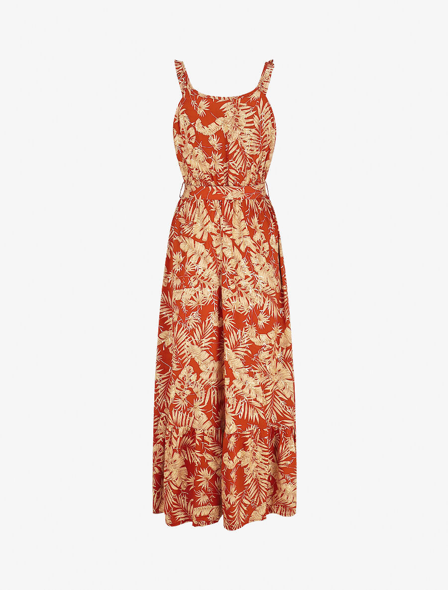 Robe longue imprimé tropical irisé à bretelles - Brique - 2