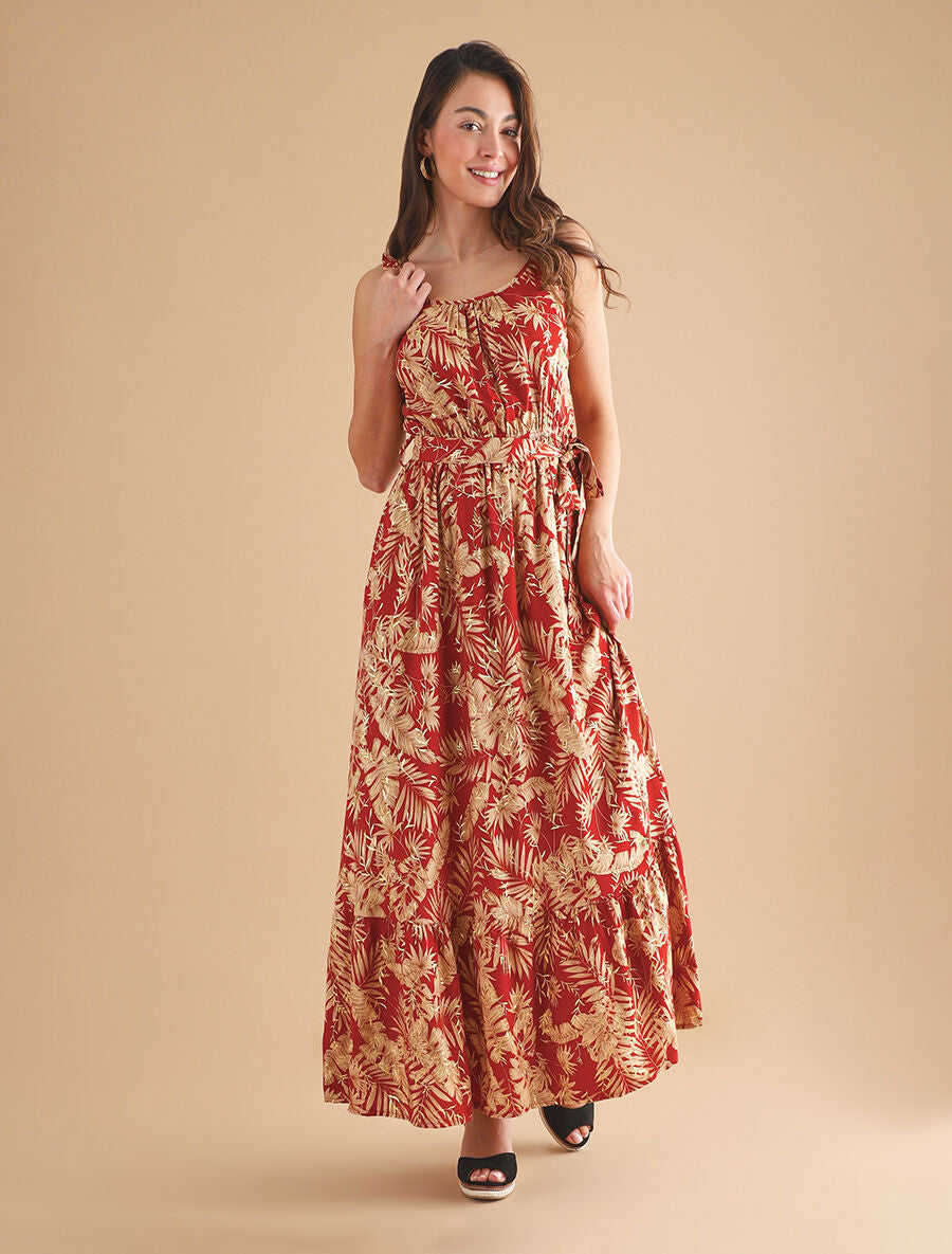 Robe longue imprimé tropical irisé à bretelles - Brique - 4