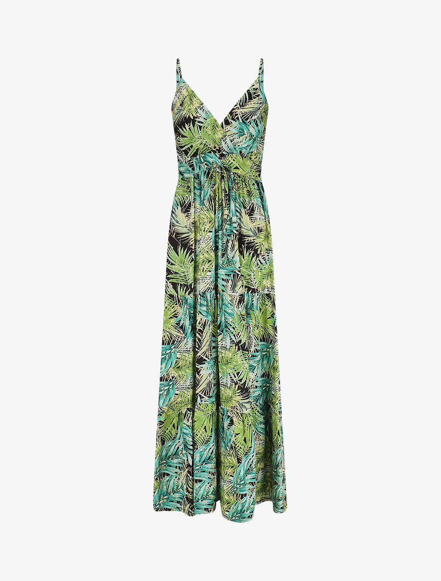Robe longue à bretelles imprimé tropical irisé - Noir/vert - 1