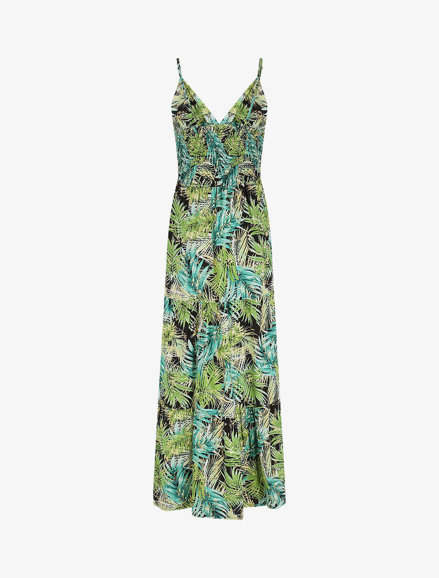 Robe longue à bretelles imprimé tropical irisé - Noir/vert - 2