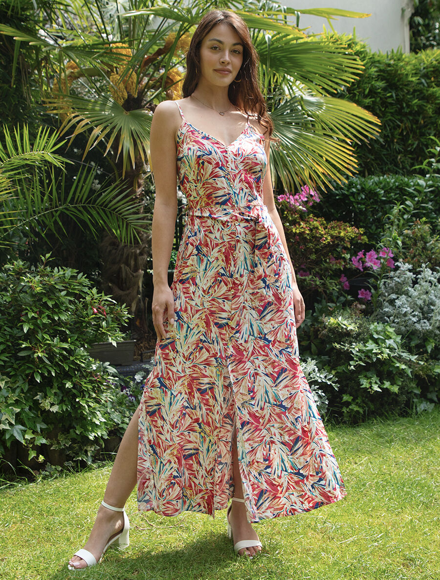 Robe longue évasée à fines bretelles imprimé tropical - Rouge/rose - 1