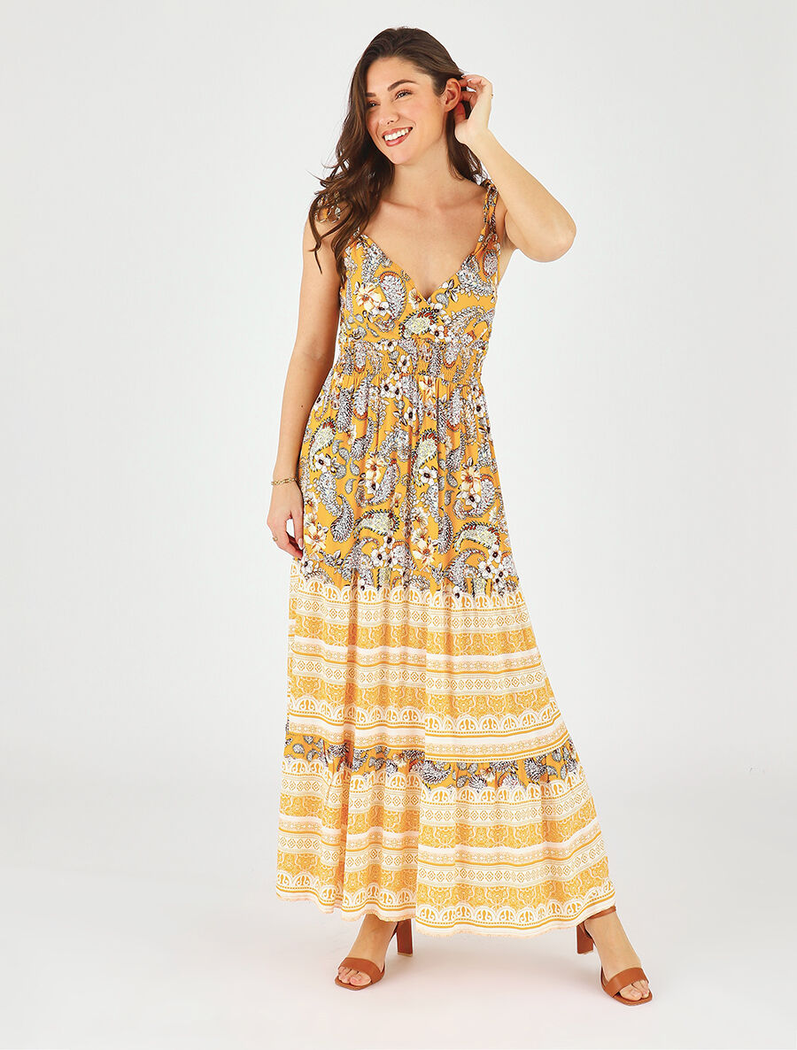 Robe longue imprimé foulard et mosaïque - Jaune - 4