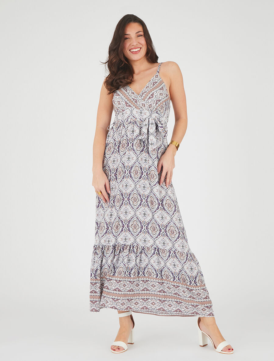 Robe longue évasée imprimé arabesque fleuri à bretelles - Violet - 4