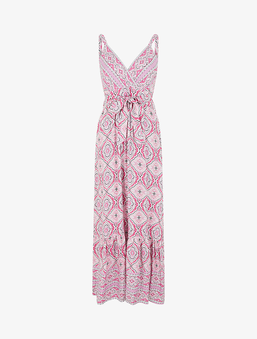 Robe longue évasée imprimé arabesque fleuri à bretelles - Rose - 1