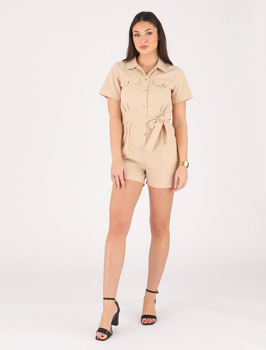 Combishort uni ceinturé - Beige - 4